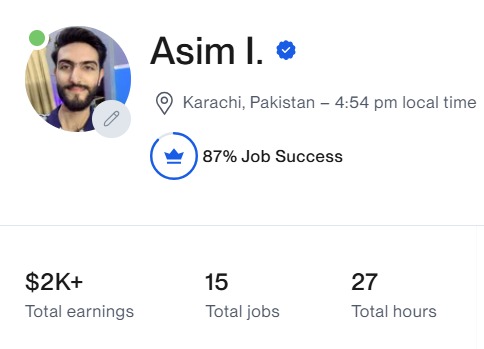 Freelancer profile of Asim I. showing $2K+ total earnings