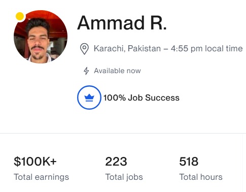 Freelancer profile of Ammad R. showing $100K+ total earnings