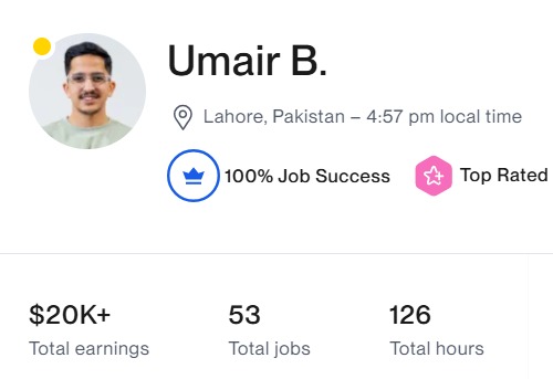 Freelancer profile of Umair B. showing $20K+ total earnings
