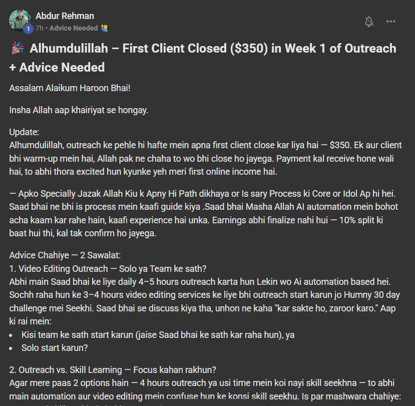 Community post by Abdur Rehman about closing a $350 client in his first week