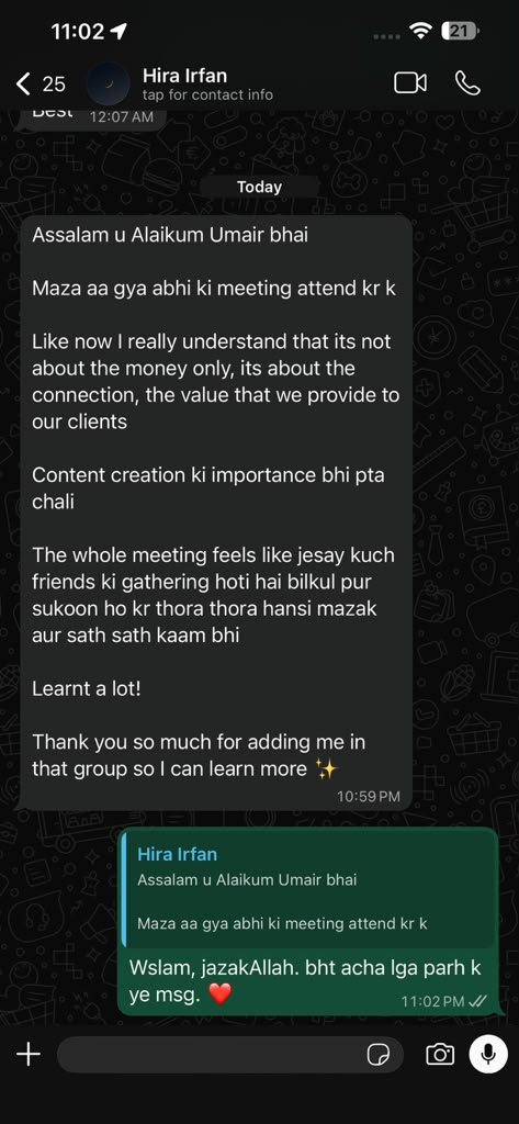 WhatsApp message from Hira Irfan thanking the team after a group meeting