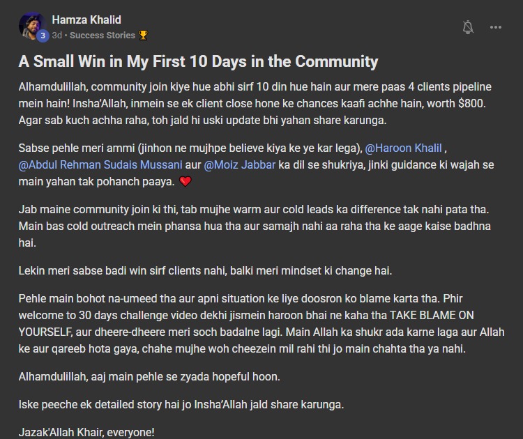 Community post by Hamza Khalid about 4 clients in his pipeline after 10 days