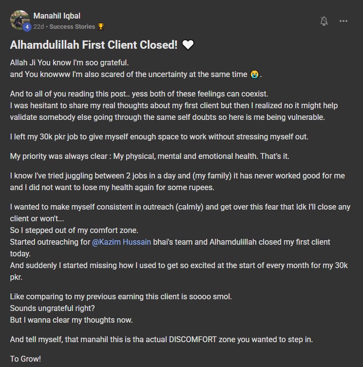 Community post by Manahil Iqbal about closing her first client