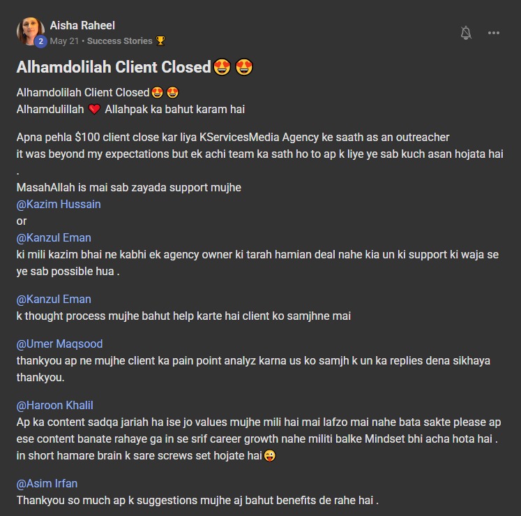 Community post by Aisha Raheel celebrating her first $100 client
